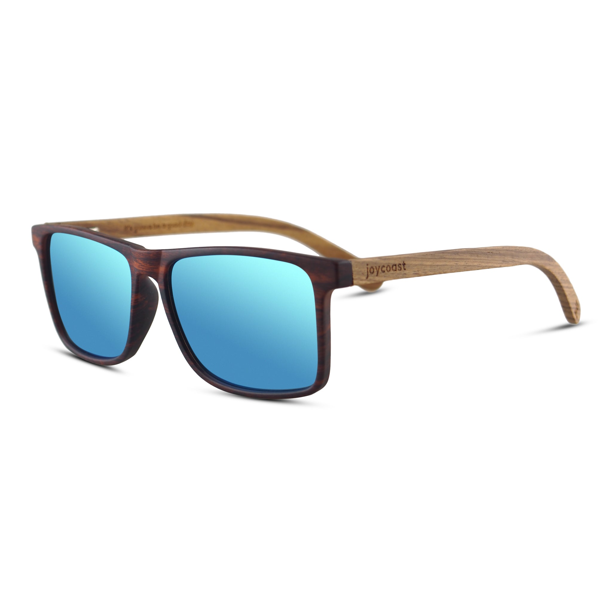 Wooden sunglasses with blue lenses, zebrawood frame, slim rectangular shape