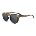 Round sunglasses with dark grey polarized lenses and wood-pattern frame, black temples