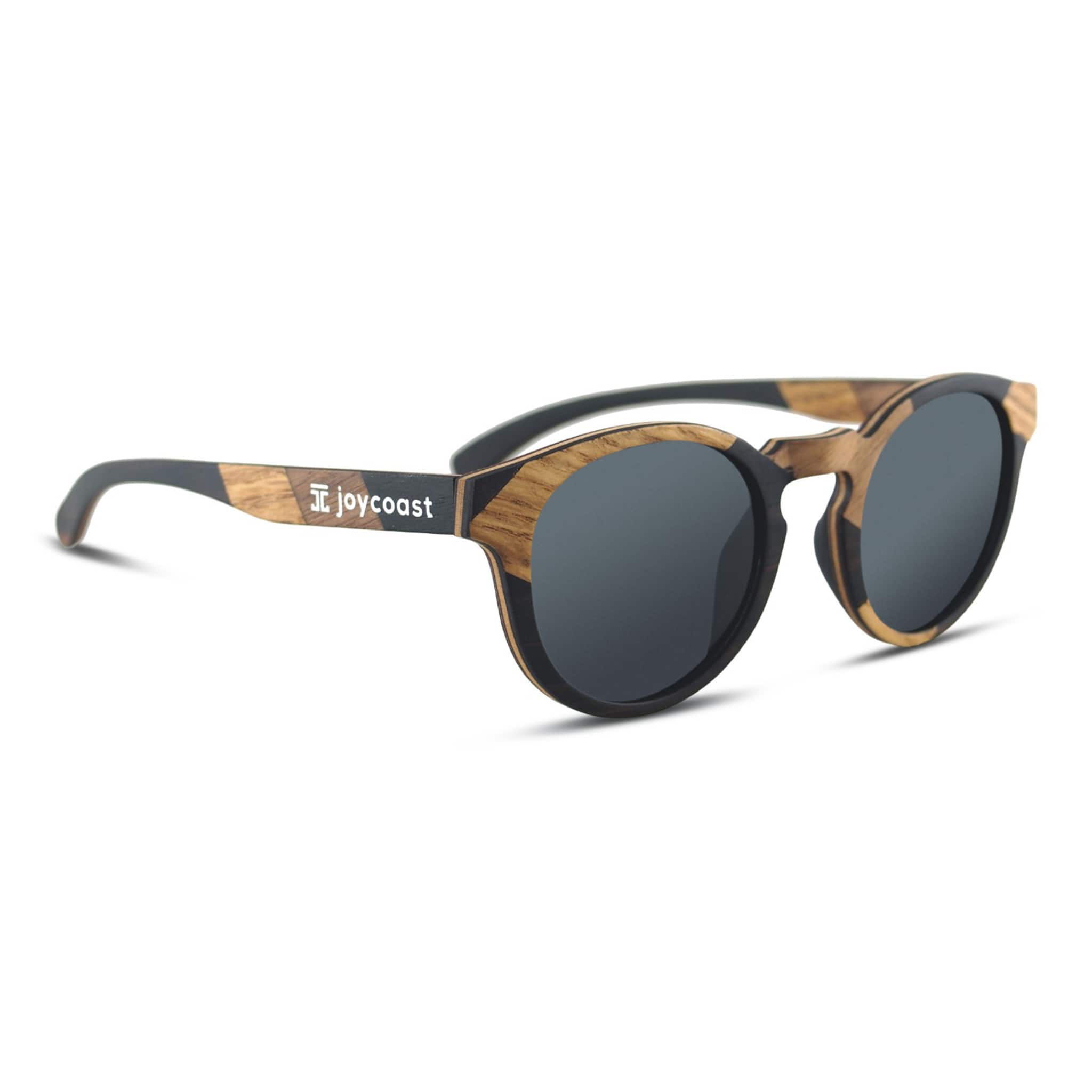 Round sunglasses with dark grey lenses and wood-pattern frame, curved black temples