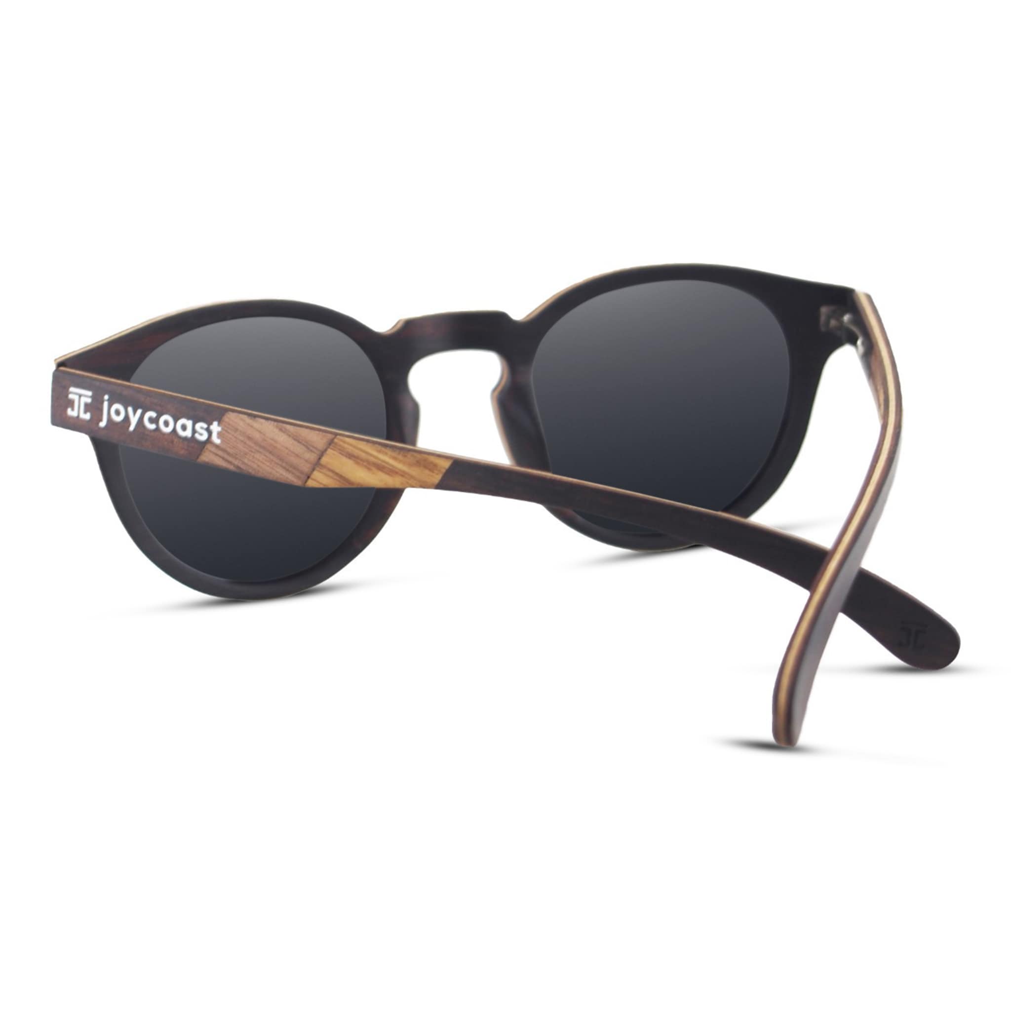 Round sunglasses with dark lenses, wood-pattern bridge, black temples