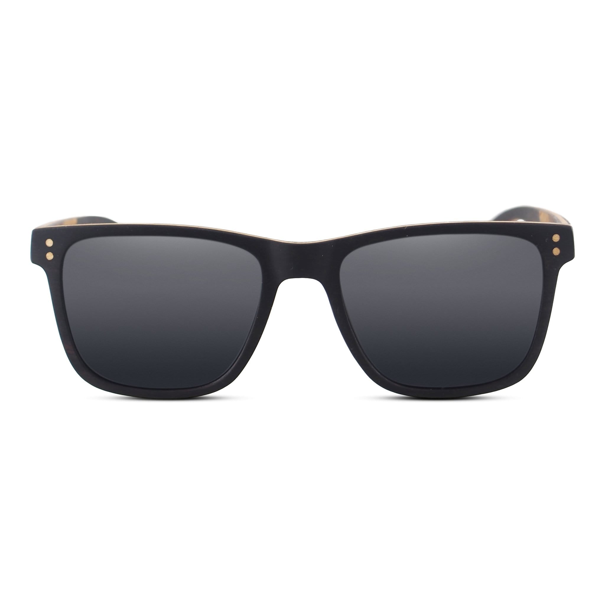 Ebony sunglasses with matte dark lenses and zebrawood accents