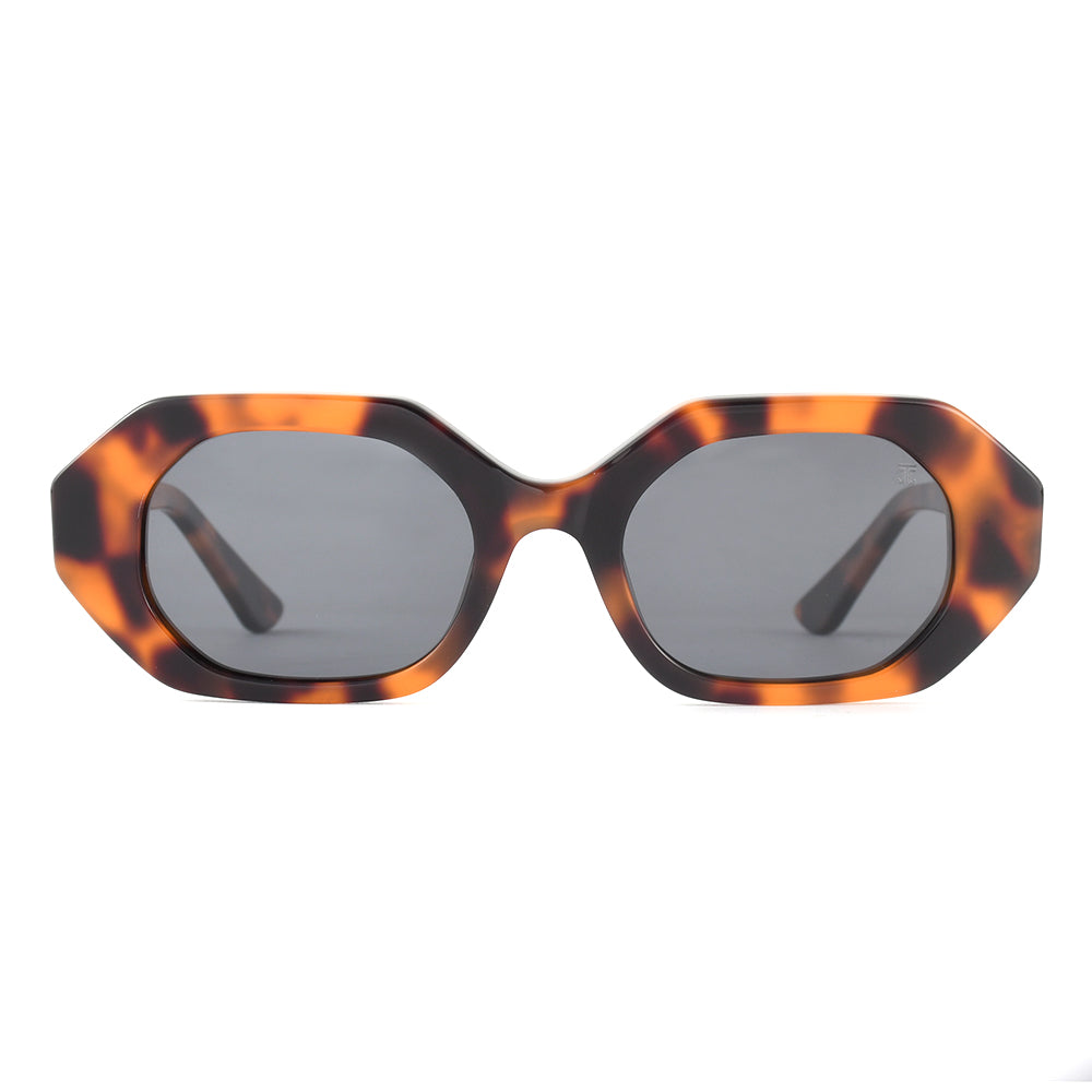 Women's sunglasses, tortoise acetate frame with two oval grey tinted lenses