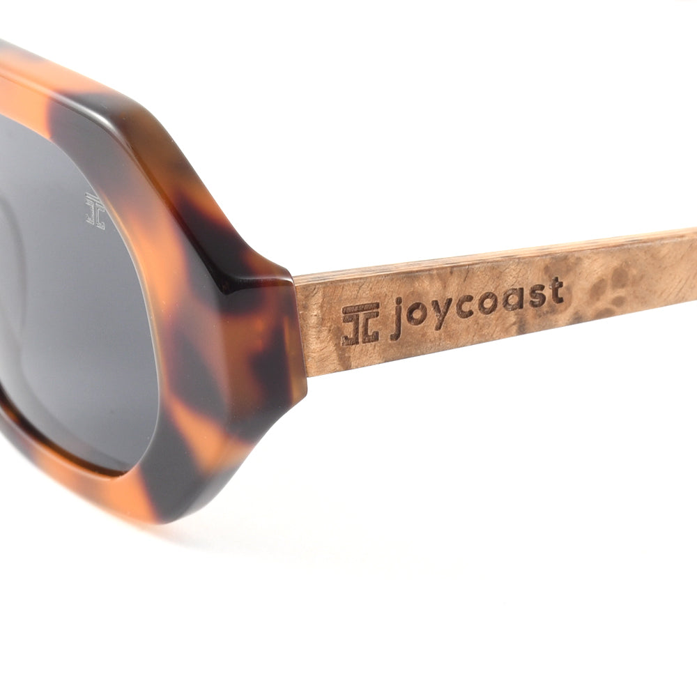 Women's sunglasses, tortoise acetate with joycoast engraving on wood temple arm