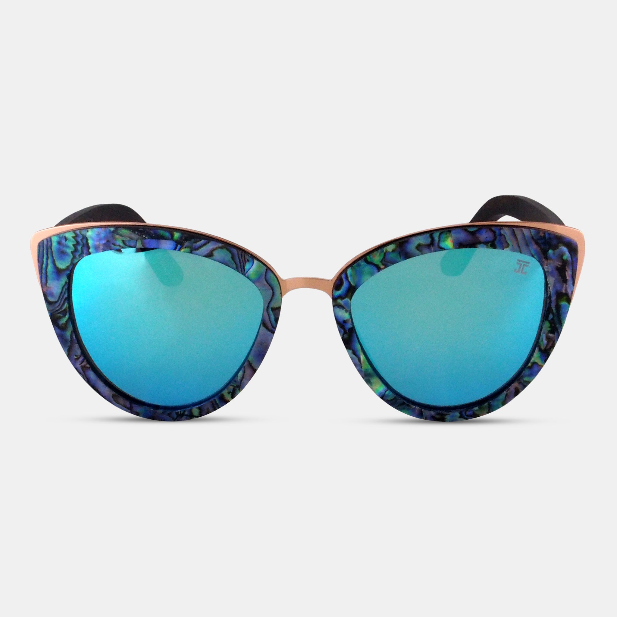 Cat-eye sunglasses with marbled blue-purple frames and teal mirrored lenses