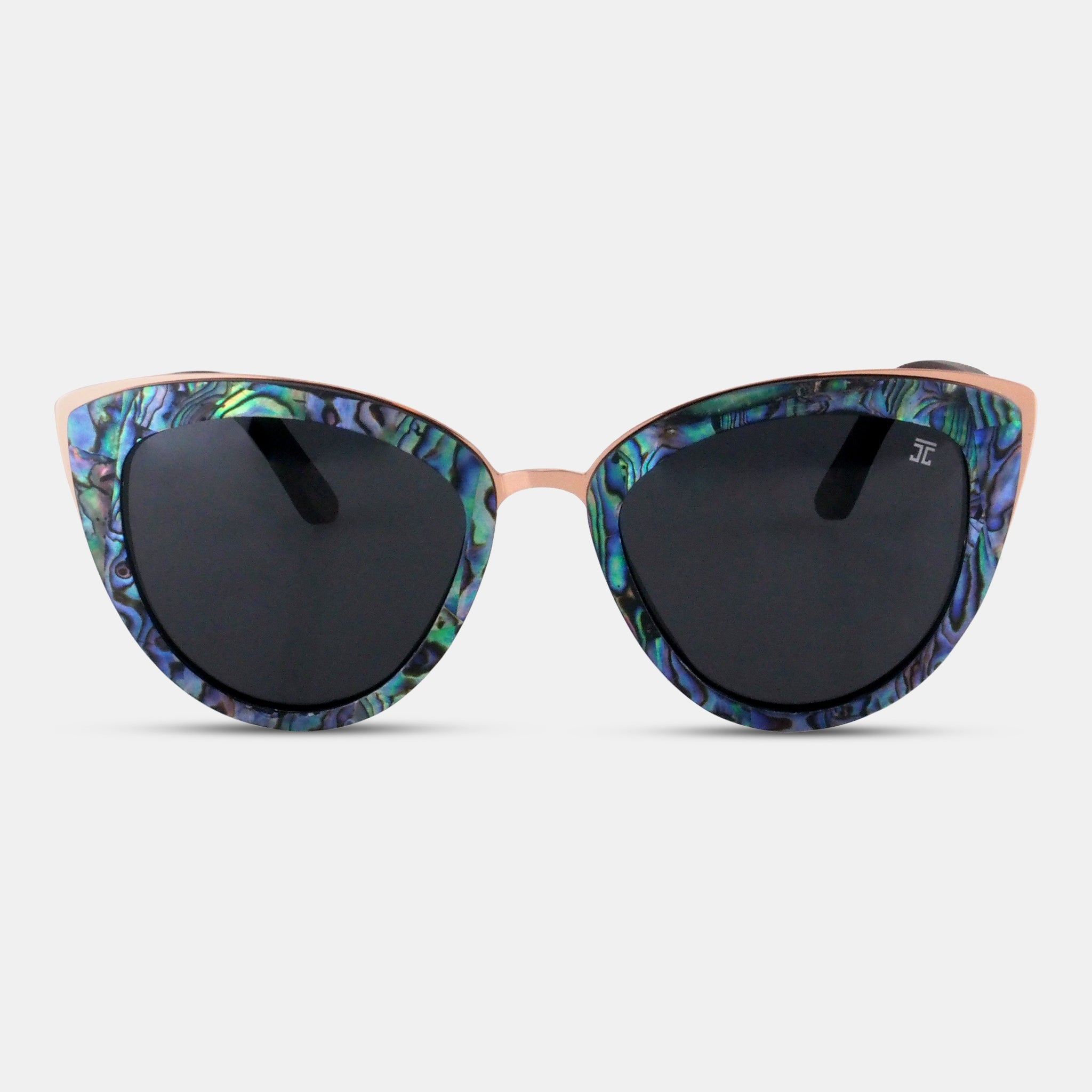 Cat-eye sunglasses with marbled blue-purple frames and dark lenses