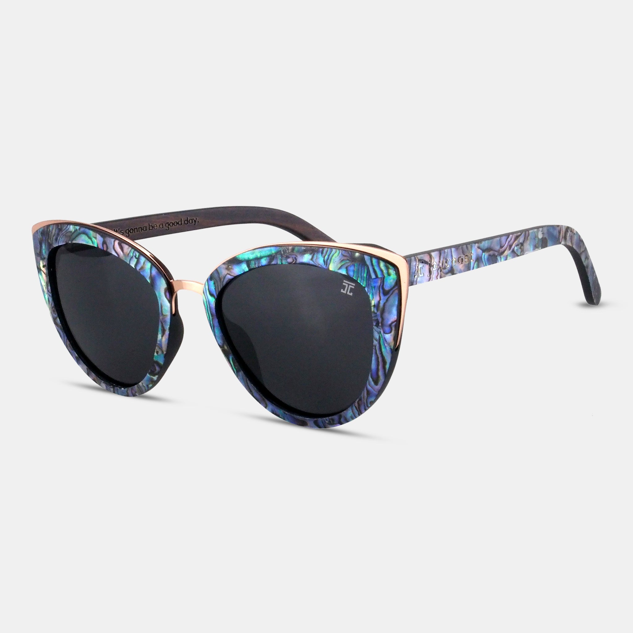 Cat-eye sunglasses with marbled blue-purple frames and black lenses