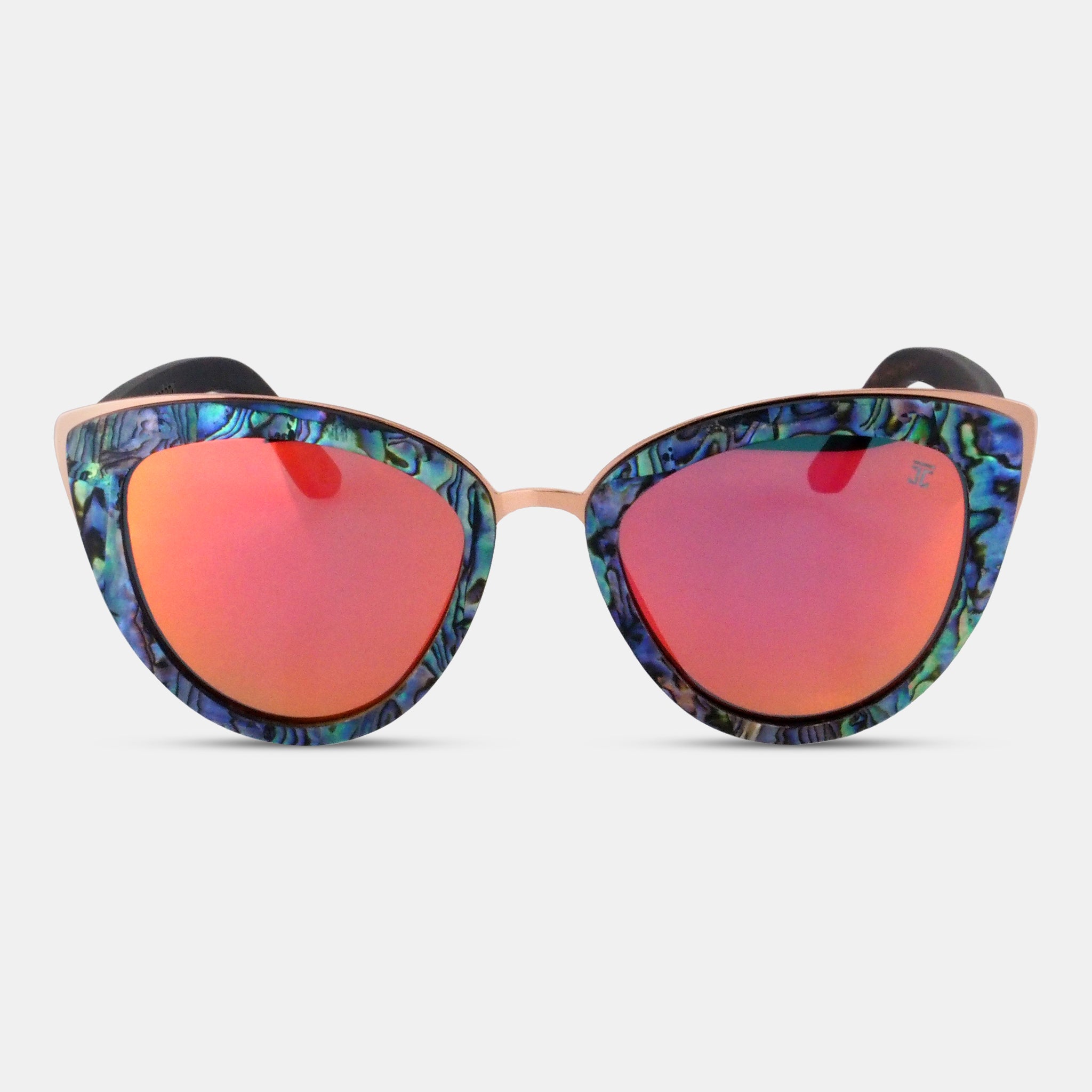 Cat-eye sunglasses with marbled blue-purple frames and pink mirrored lenses