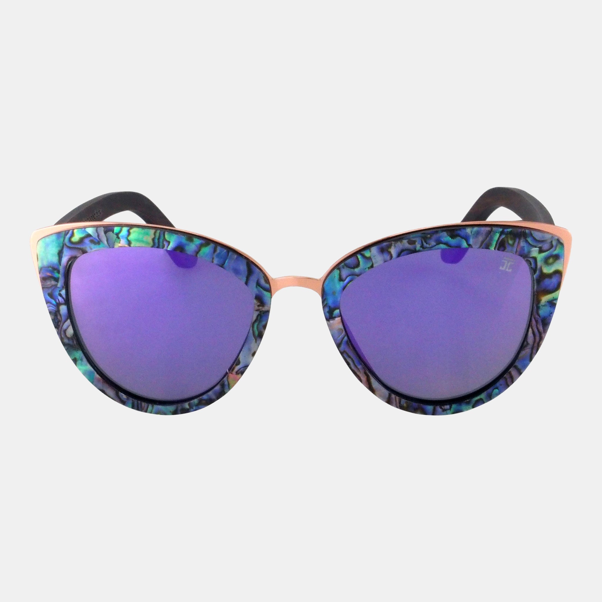 Cat-eye sunglasses with marbled blue-purple frames and purple mirrored lenses