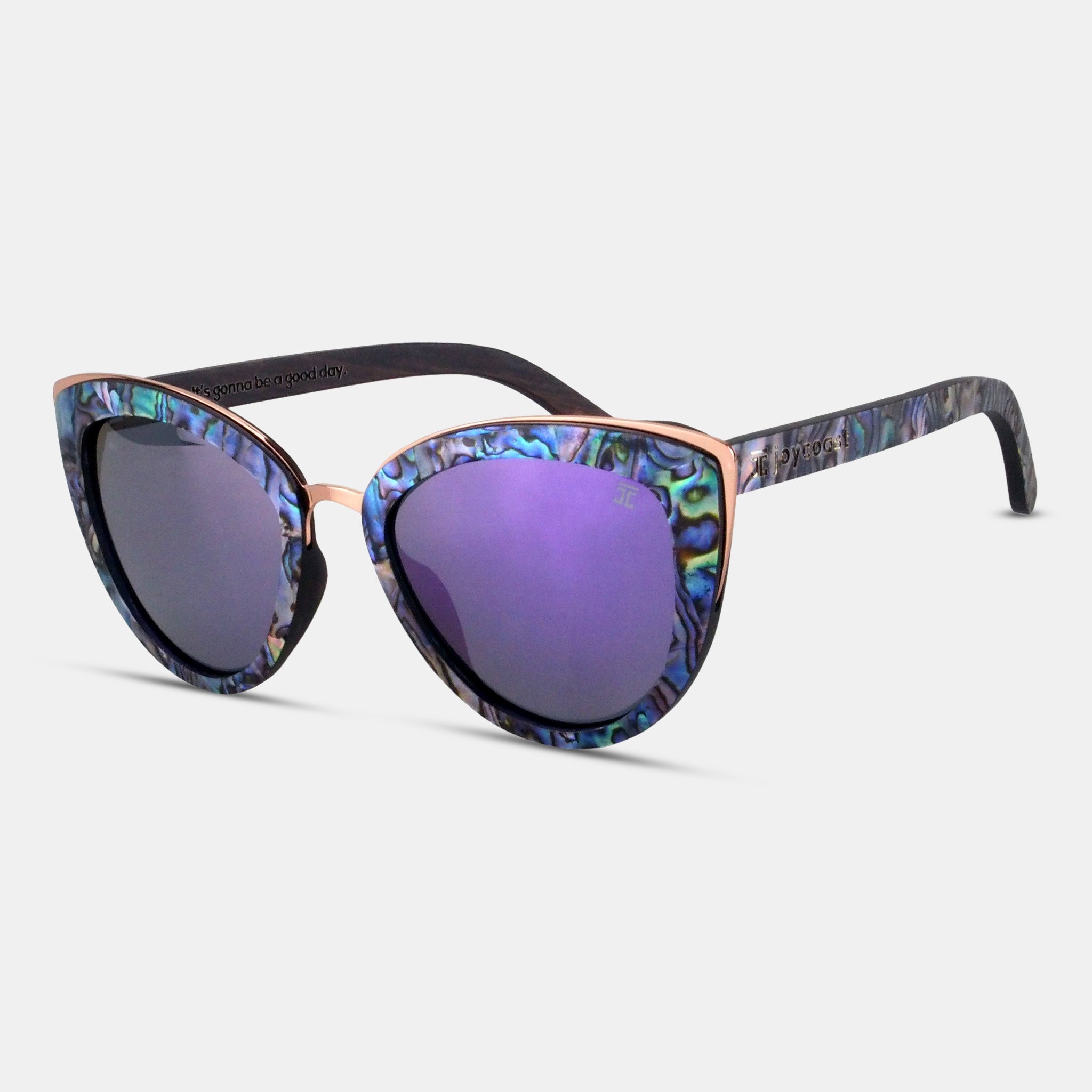 Cat-eye sunglasses with marbled blue-purple frames and purple mirrored lenses