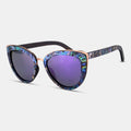 Cat-eye sunglasses with marbled blue-purple frames and purple mirrored lenses