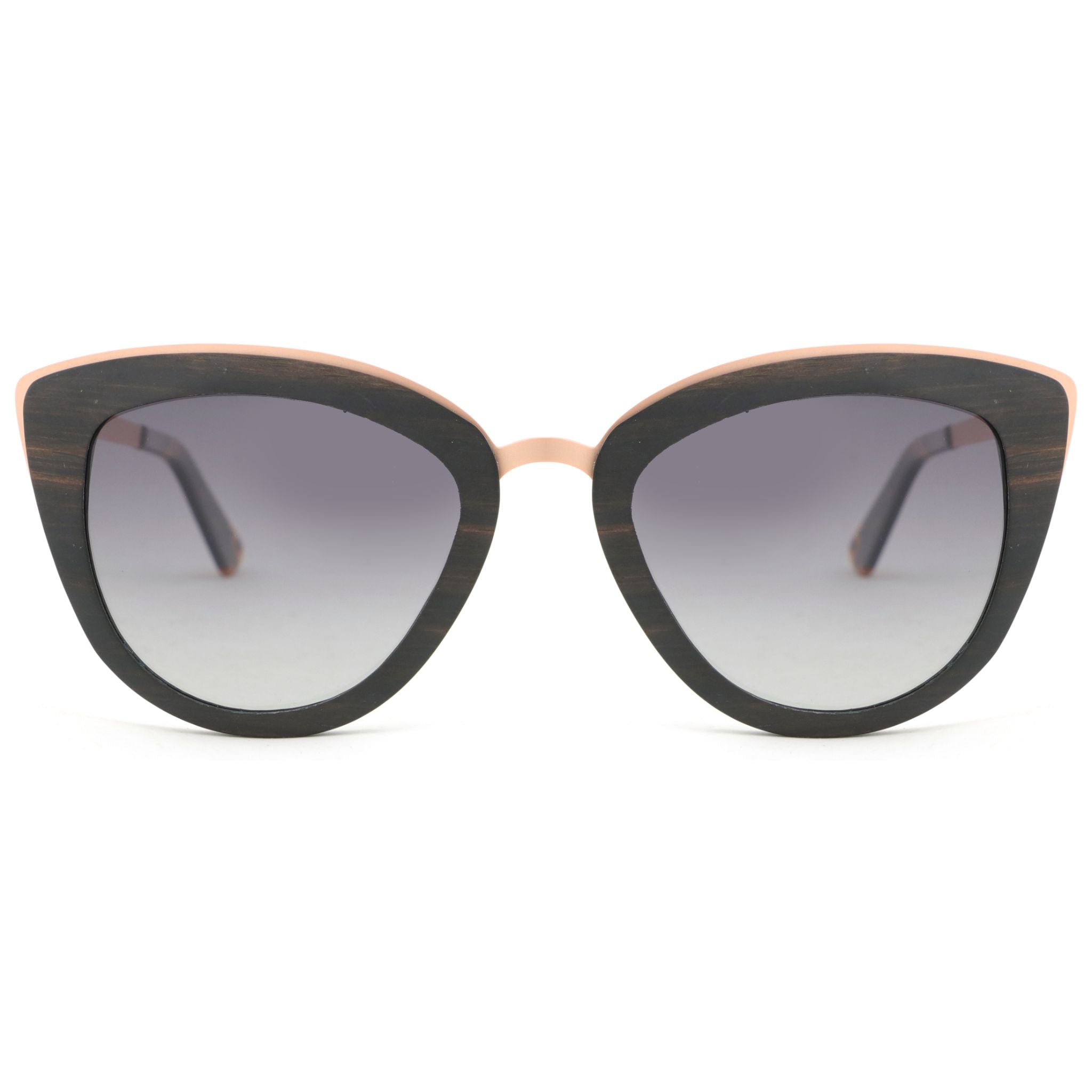Cat-eye sunglasses with black frames, pale pink bridge, dark lenses