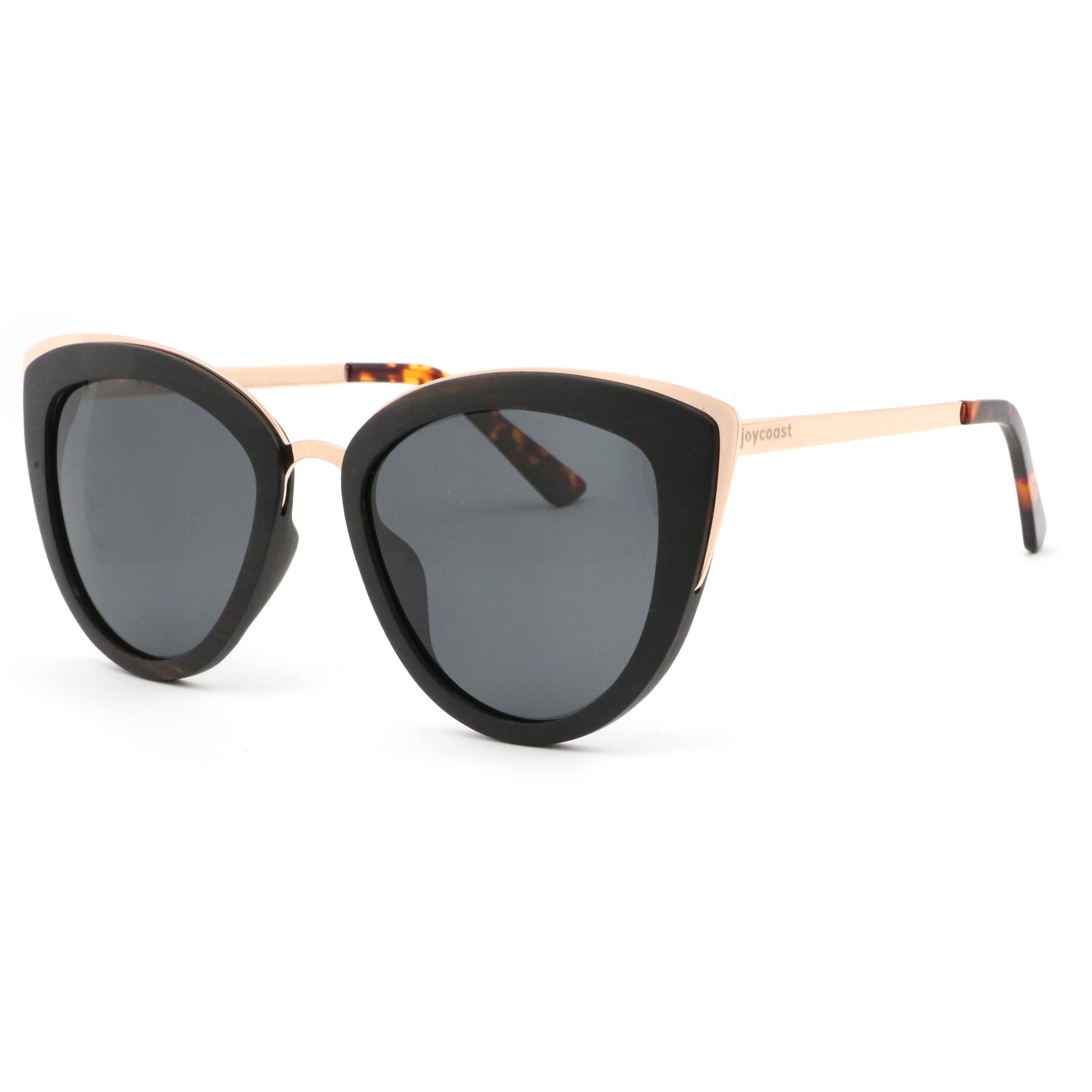 Cat-eye sunglasses with black frames and dark lenses, tortoise-look temple tips