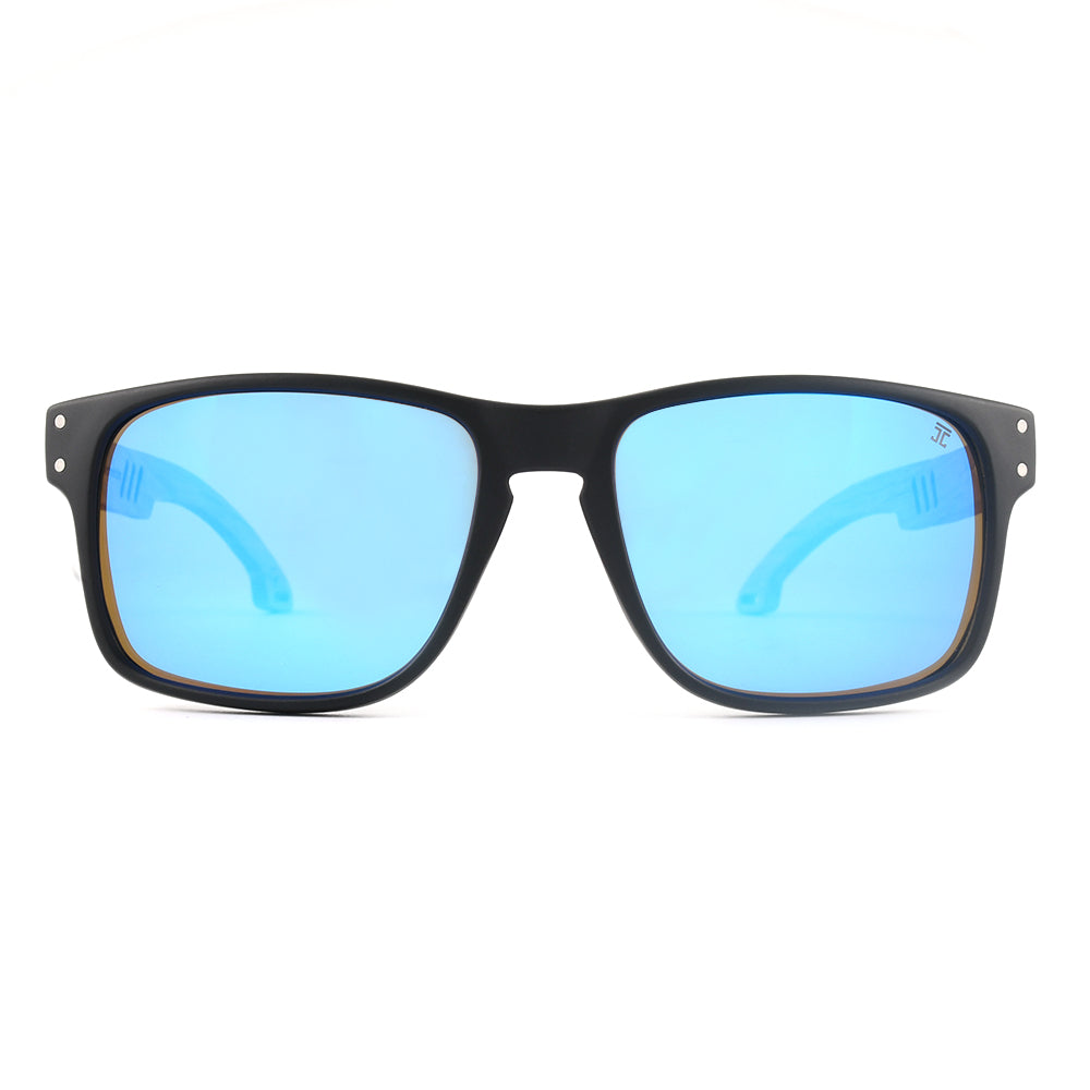 Sporty sunglasses front view with black frame and blue mirrored lenses