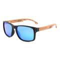Sporty sunglasses with black frame, wood temples, and blue mirrored lenses