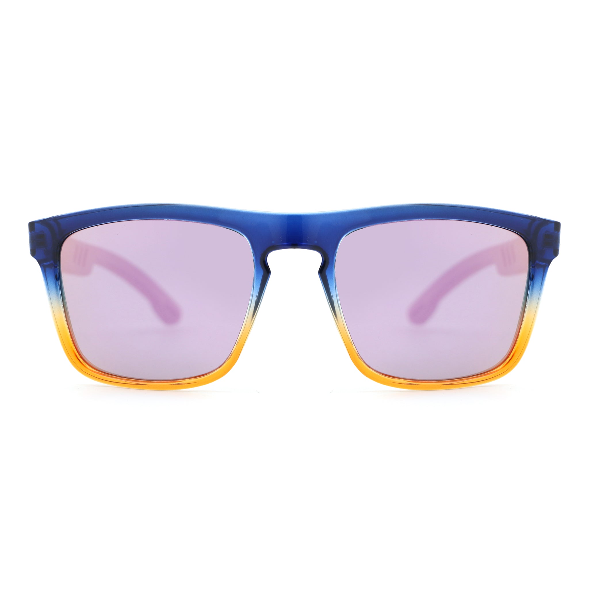 Men's sunglasses with blue frame, purple lenses, and brown temple tips