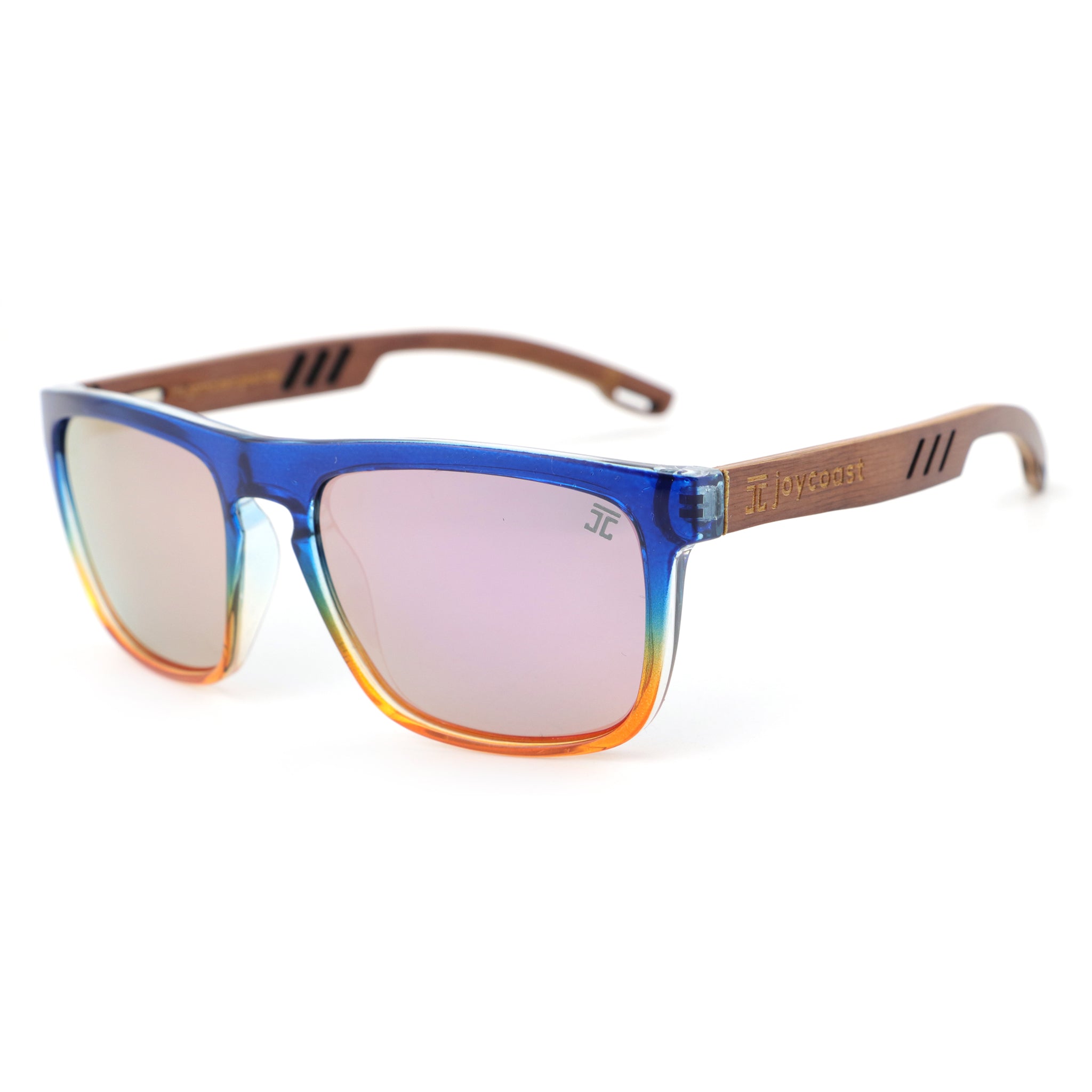 Men's sunglasses with blue frame, brown temples, and purple mirrored lenses