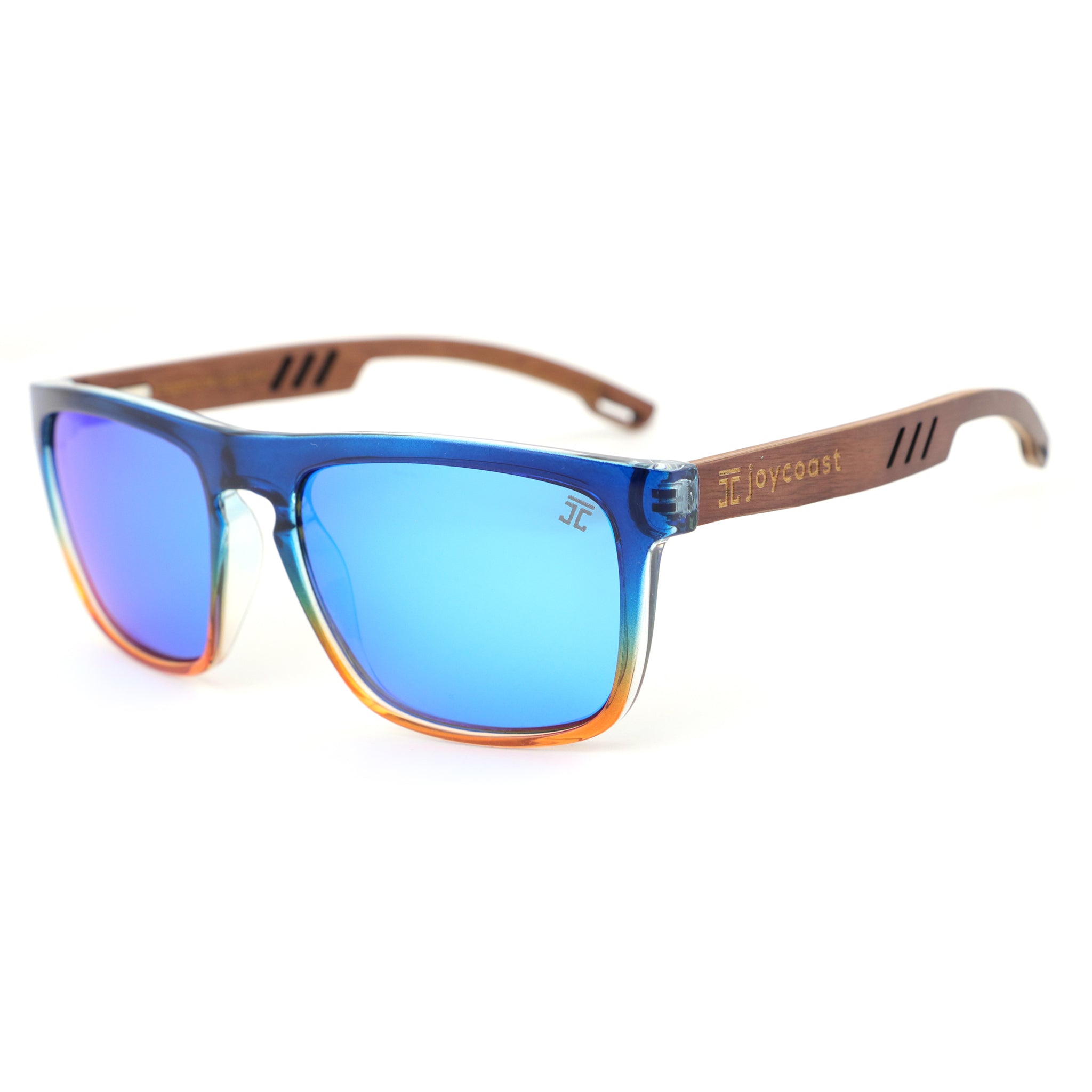 Men's sunglasses with blue frame, brown temples, and blue mirrored lenses