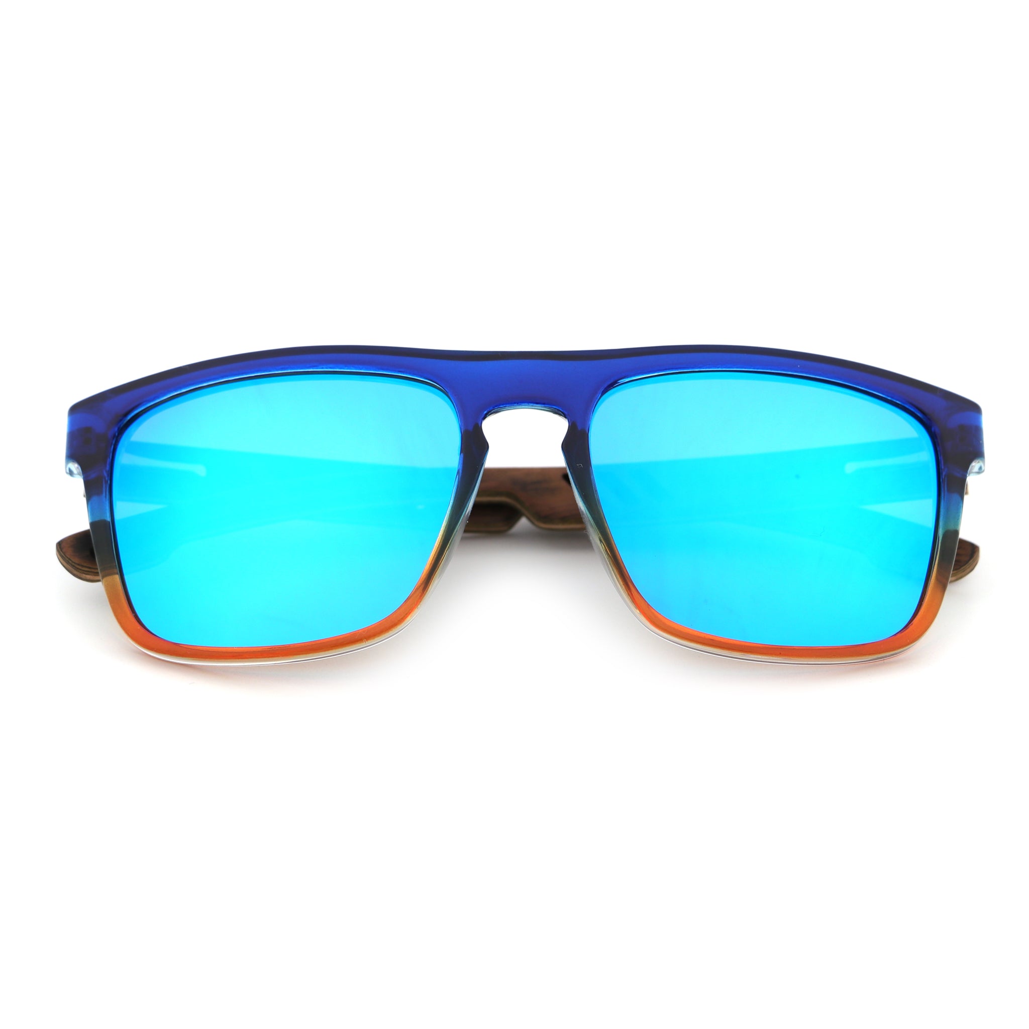 Men's sunglasses with blue frame, brown temples, and teal mirrored lenses