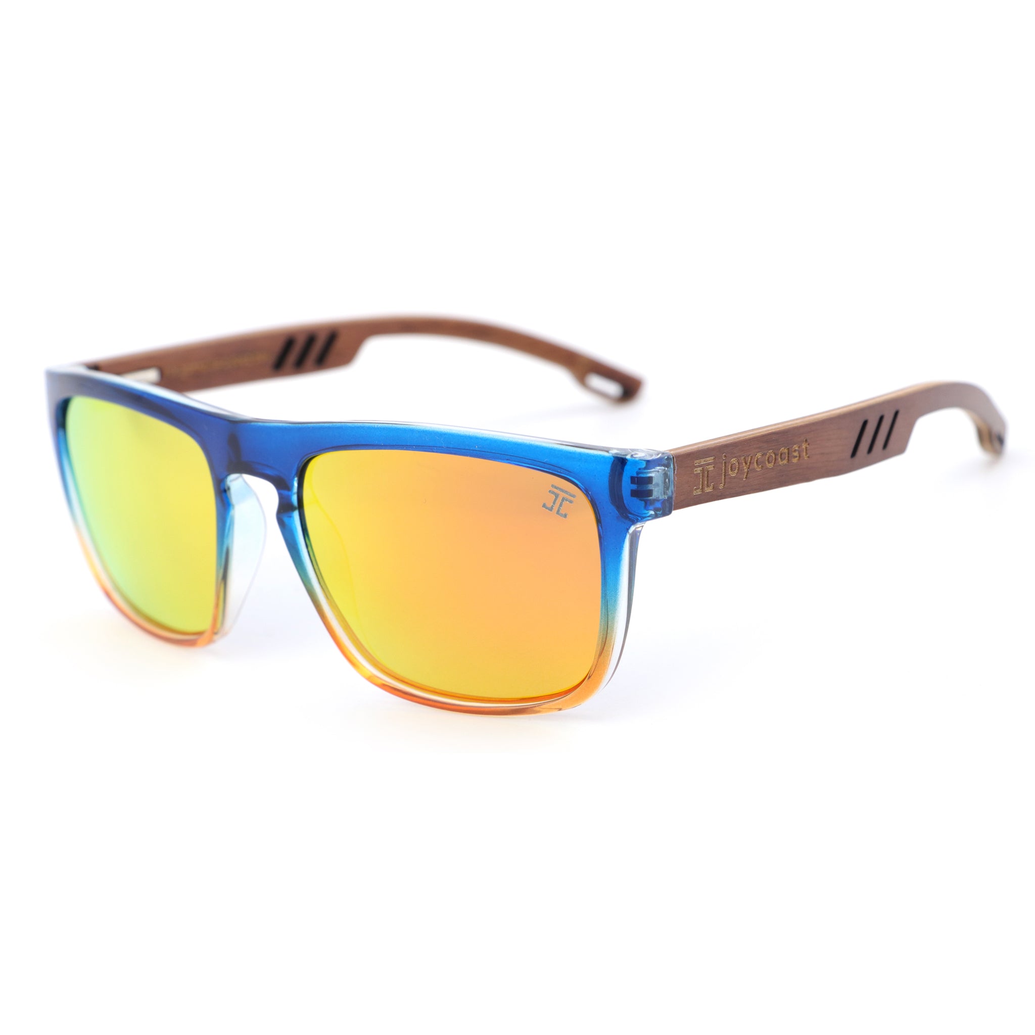 Men's sunglasses with blue frame, brown temples, and yellow mirrored lenses