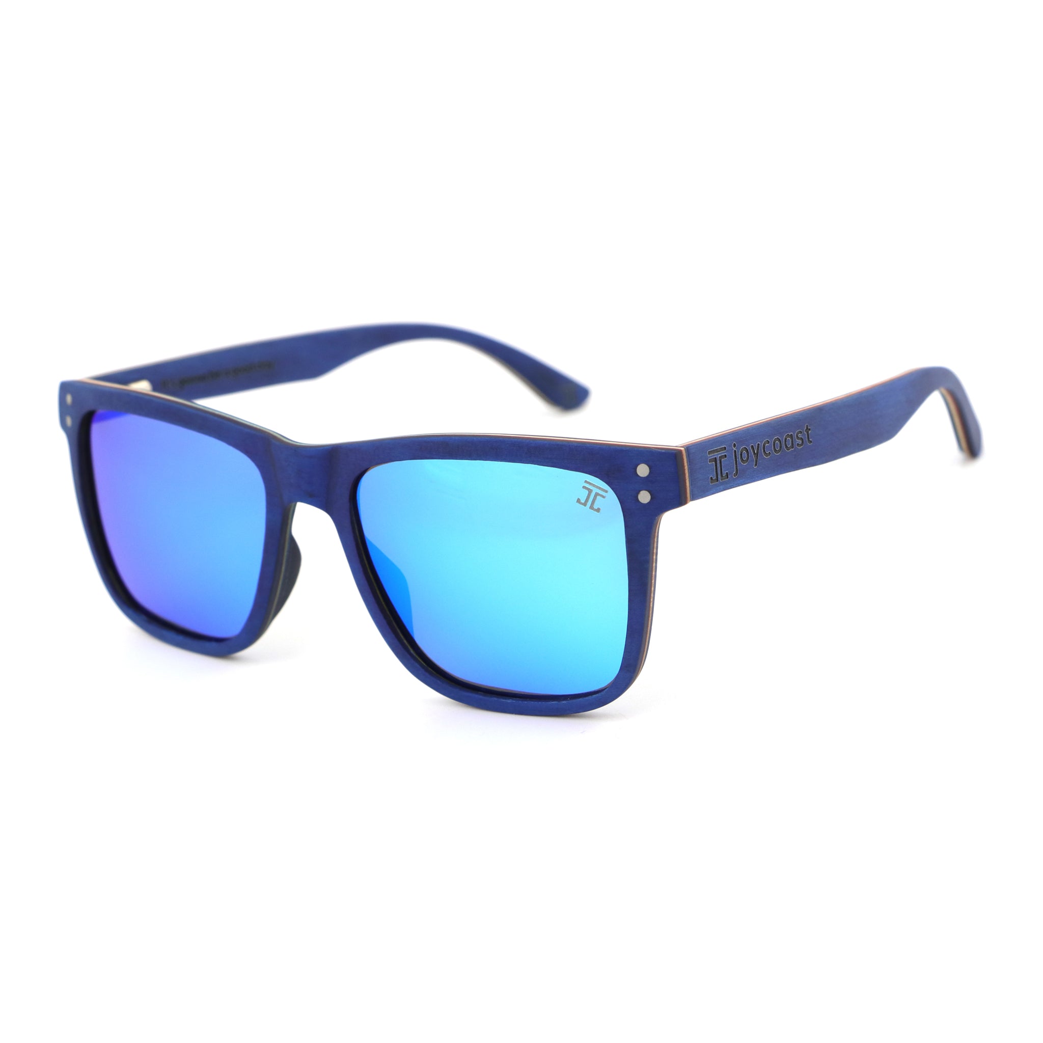 Blue polarized wayfarer-style sunglasses with blue mirrored lenses and dark frame