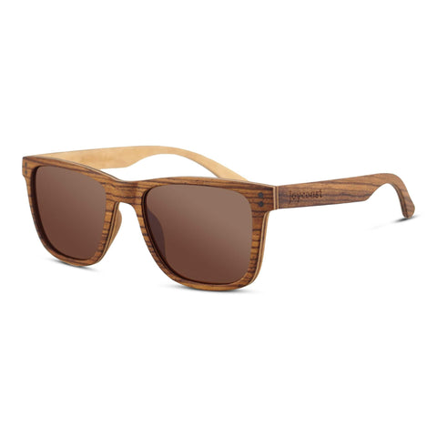 Wayfinder polarized sunglasses with brown lenses and zebrawood frame