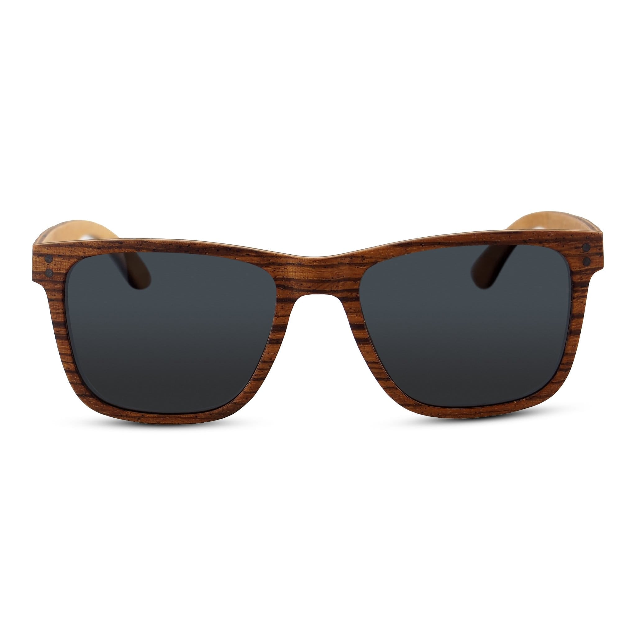 Wayfinder polarized sunglasses with dark grey lenses and wood frame