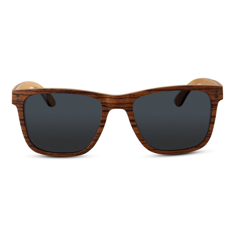 Wayfinder polarized sunglasses with dark grey lenses and wood frame