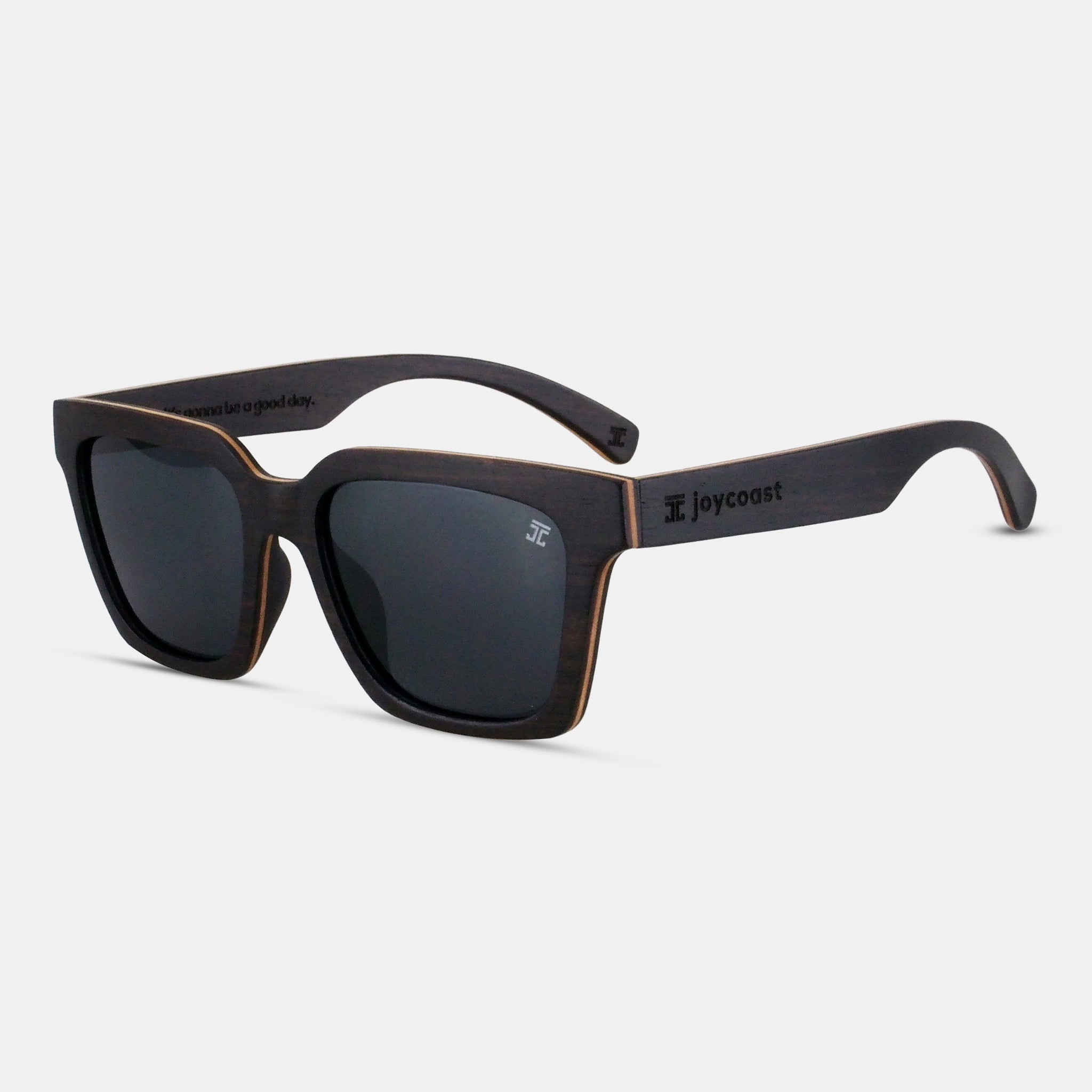 Ebony wood sunglasses with curved temple and dark rectangular lenses