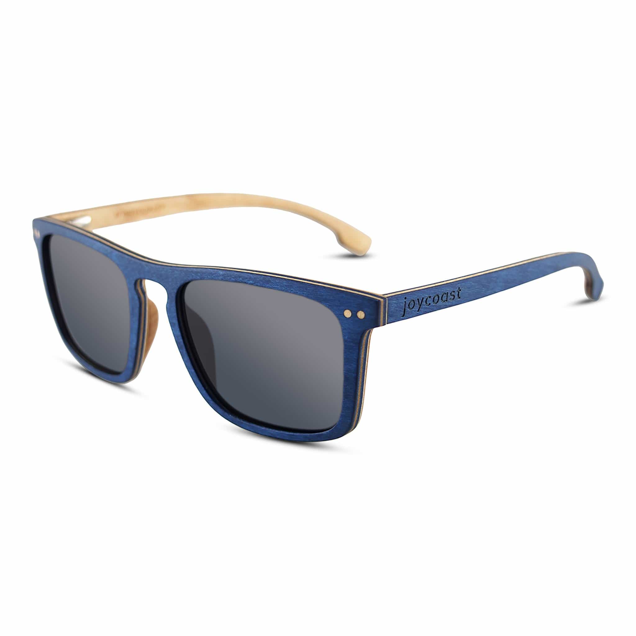 Polarized sunglasses with blue frame and dark lenses, wood-look temples