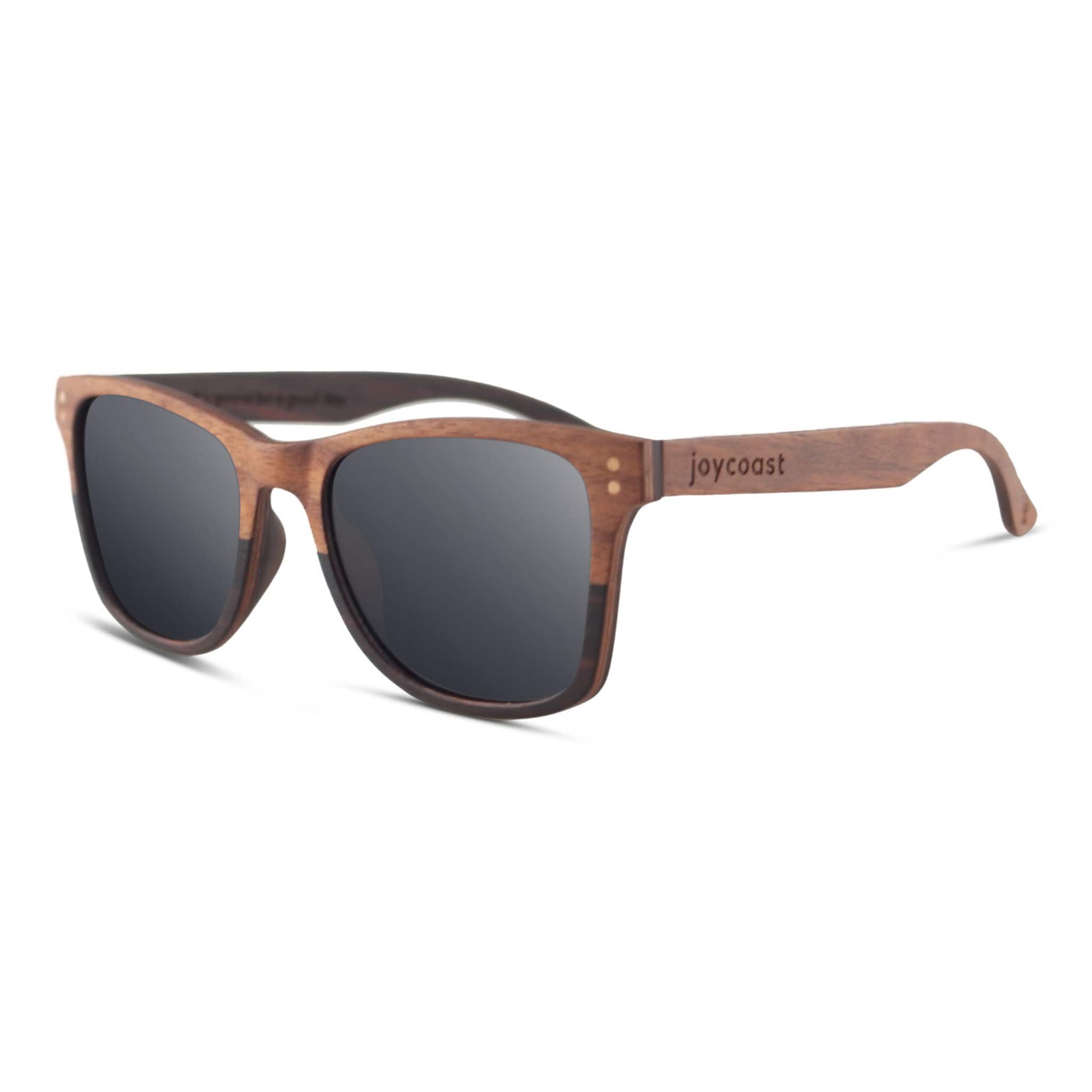 Wooden wayfarer sunglasses with dark lenses and joycoast logo on temple