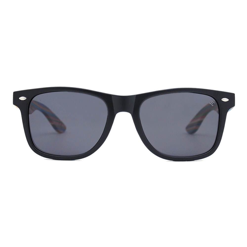 Black frame sunglasses with dark lenses, front view, multicolor bamboo arms, Joycoast