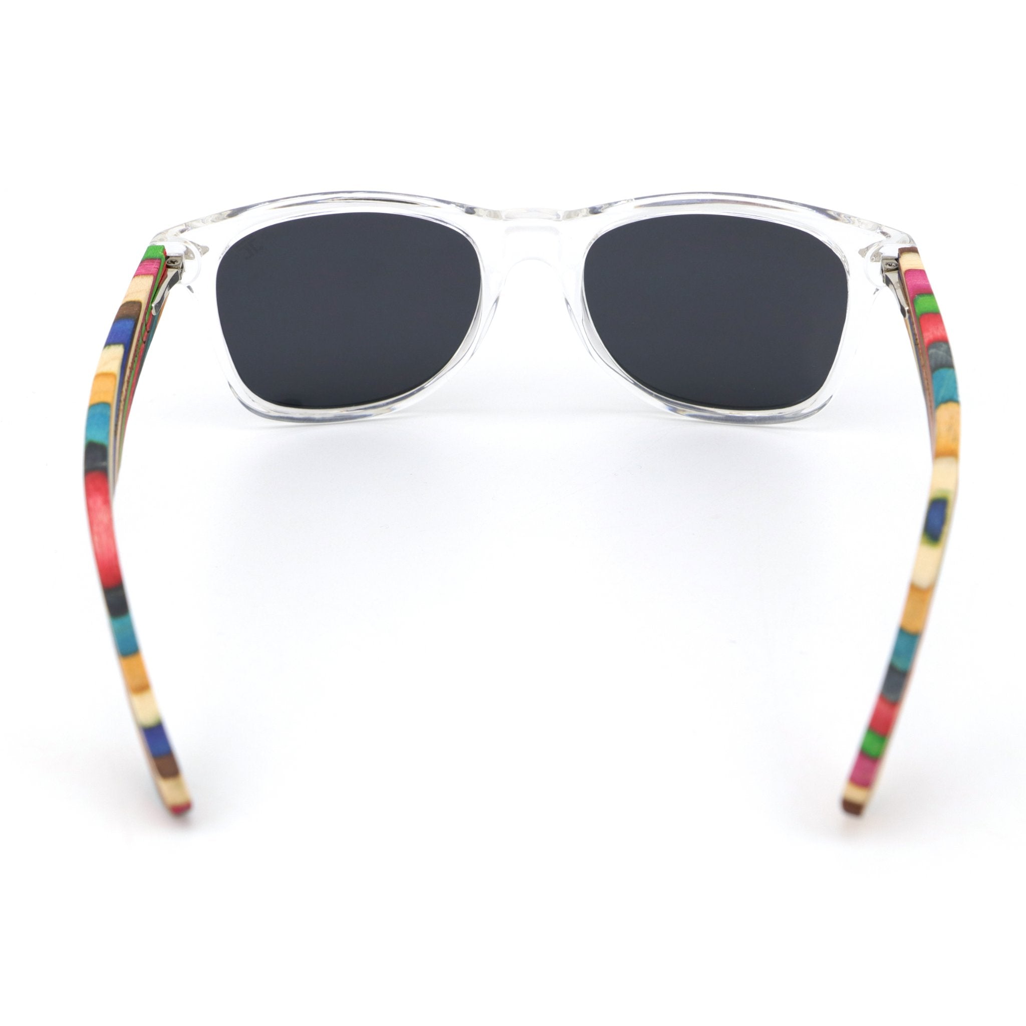 Clear frame sunglasses with black lenses and multicolor bamboo arms, front view