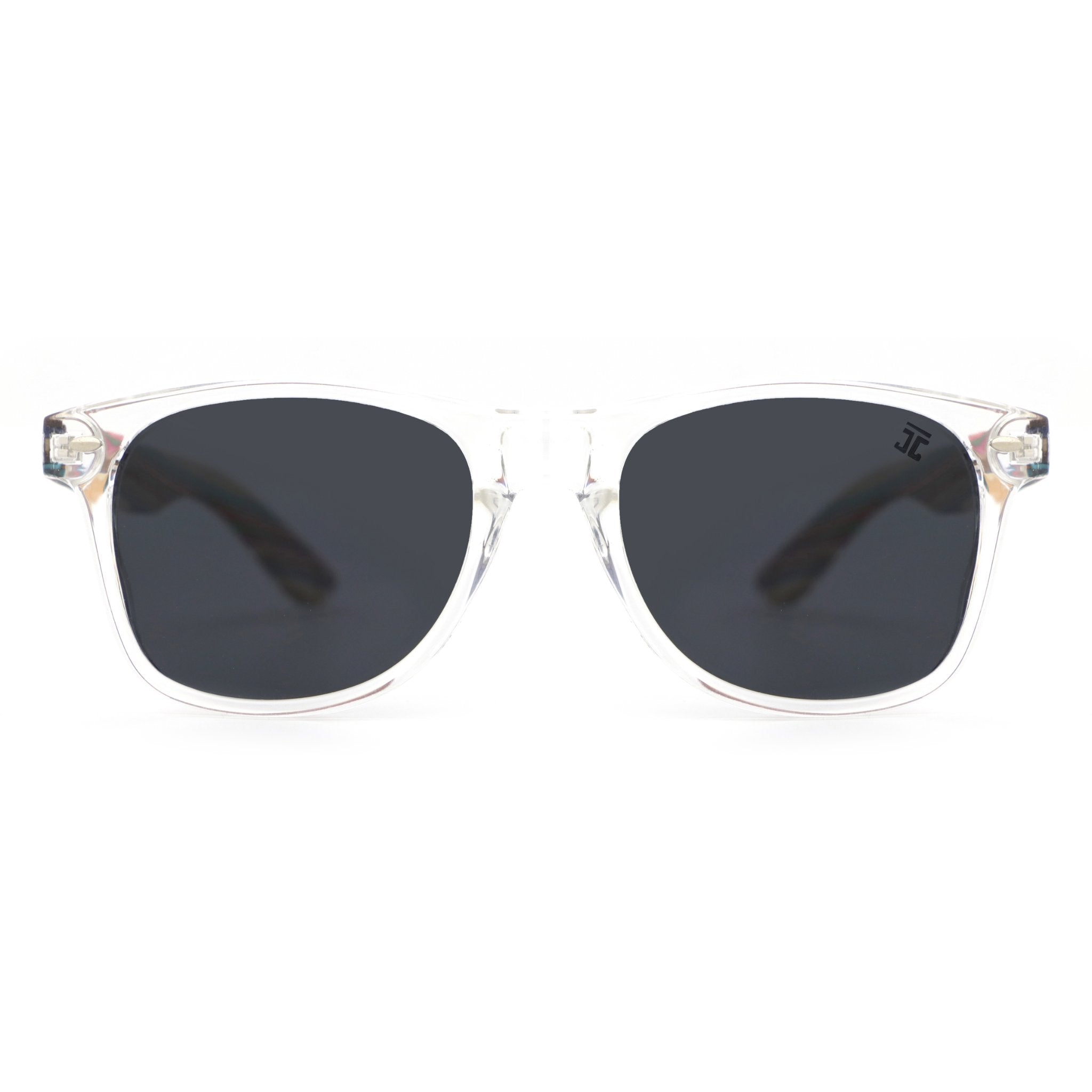 Cat-eye sunglasses with clear frame and dark lenses