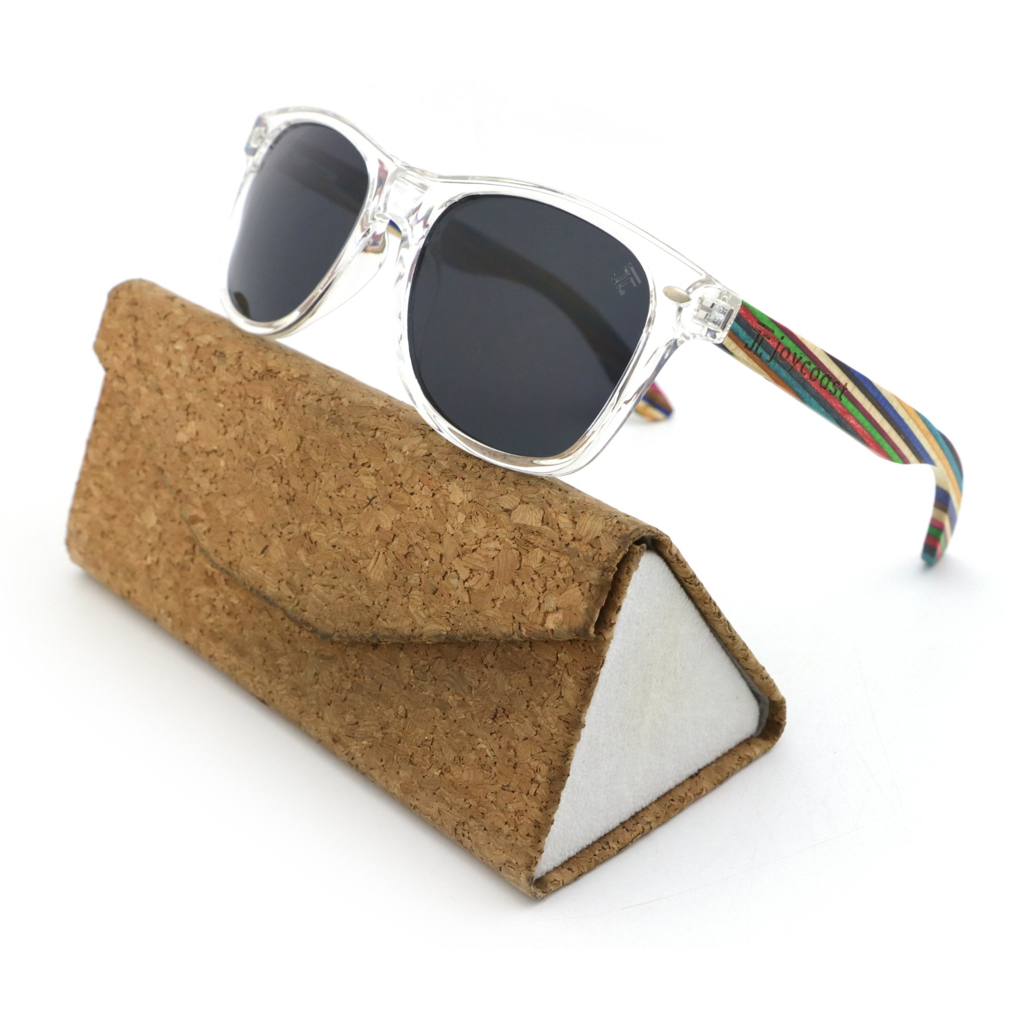 Cat-eye sunglasses with clear frame, dark lenses, multicolor temple detail