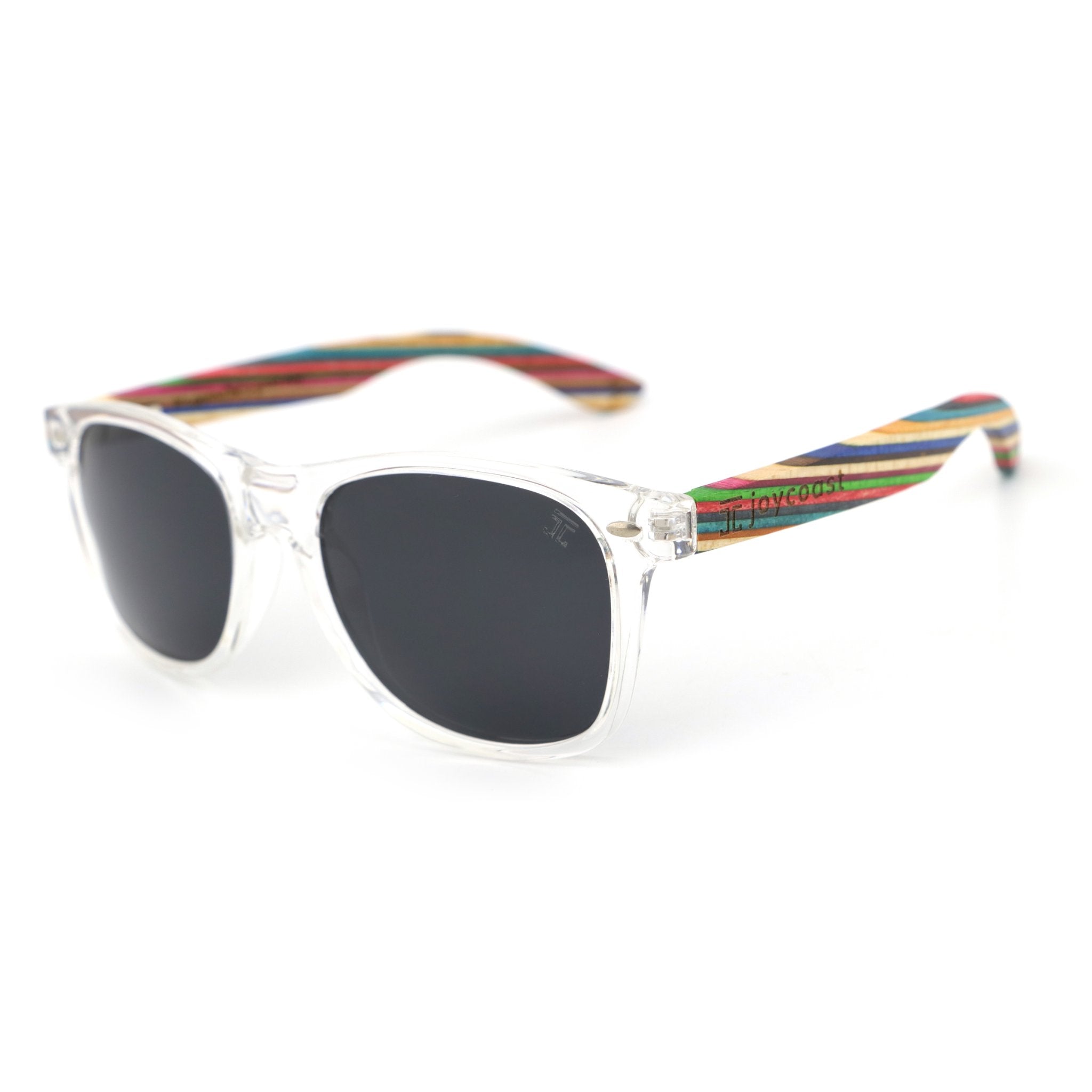 Clear frame sunglasses with black lenses and multicolor bamboo arms, Joycoast