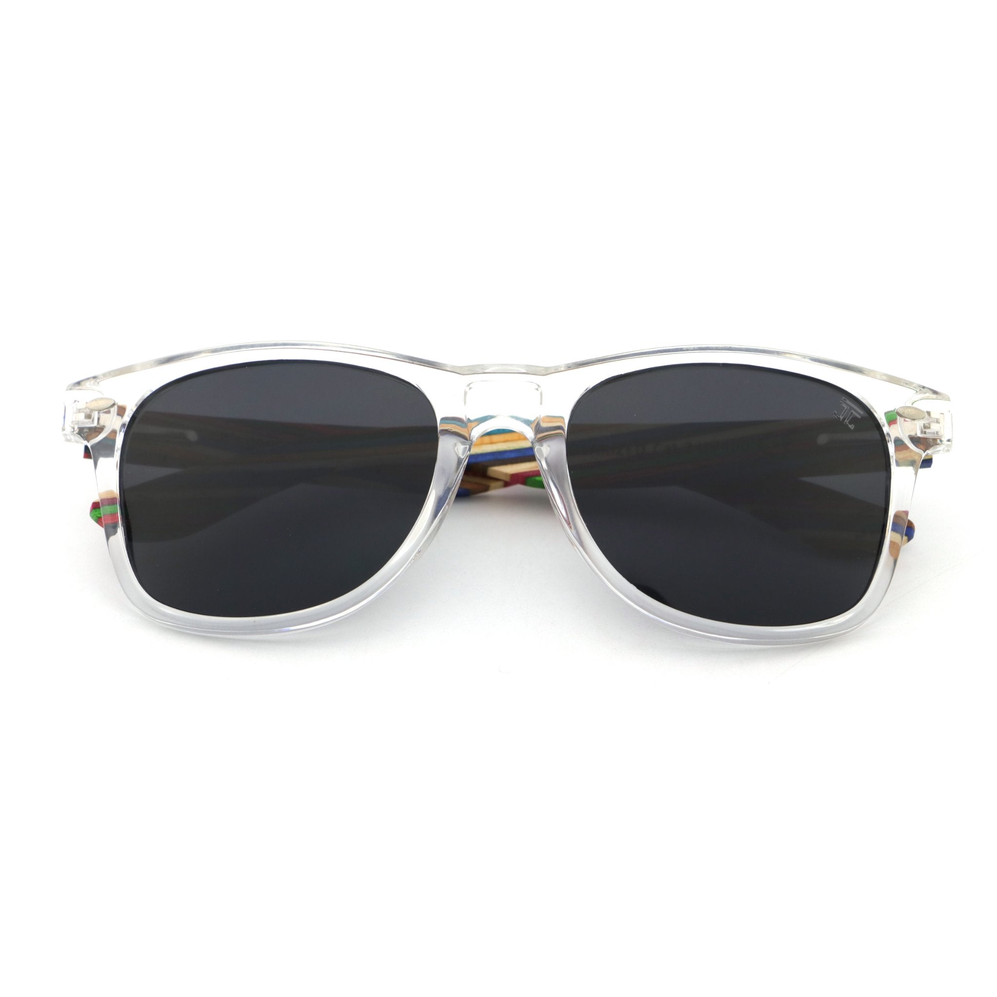 Cat-eye sunglasses with clear frame and dark lenses, colorful temple inlay