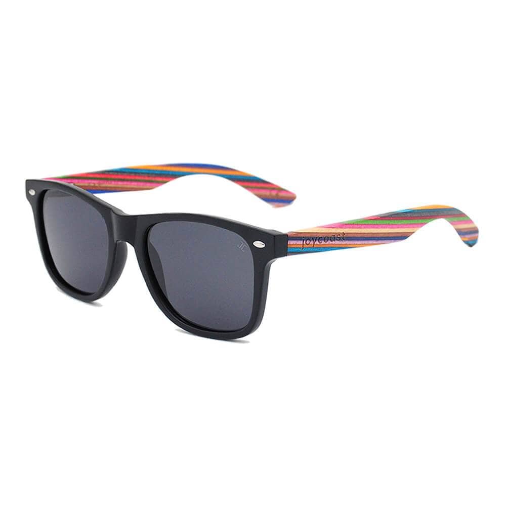 Black frame sunglasses with dark lenses and multicolor bamboo arms, Joycoast