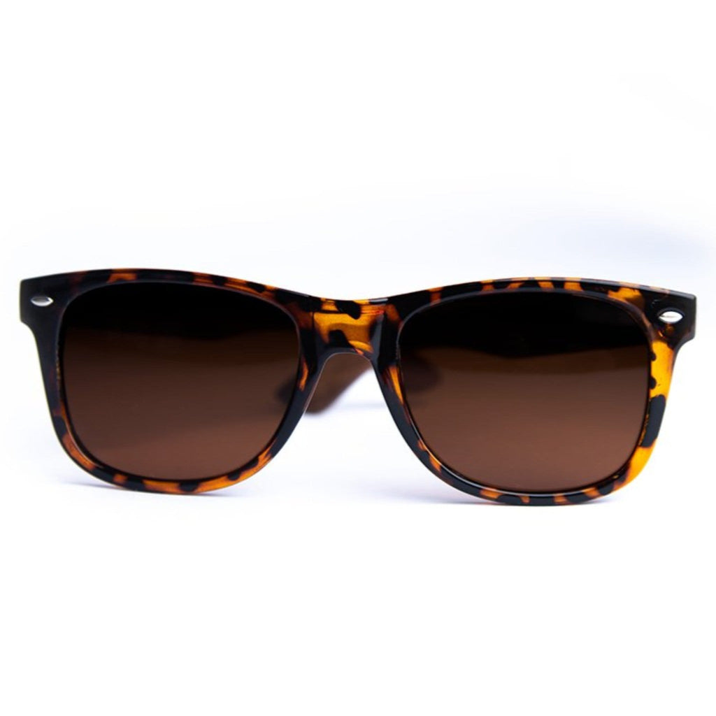 Wooden sunglasses with tortoise-pattern frame and dark lenses